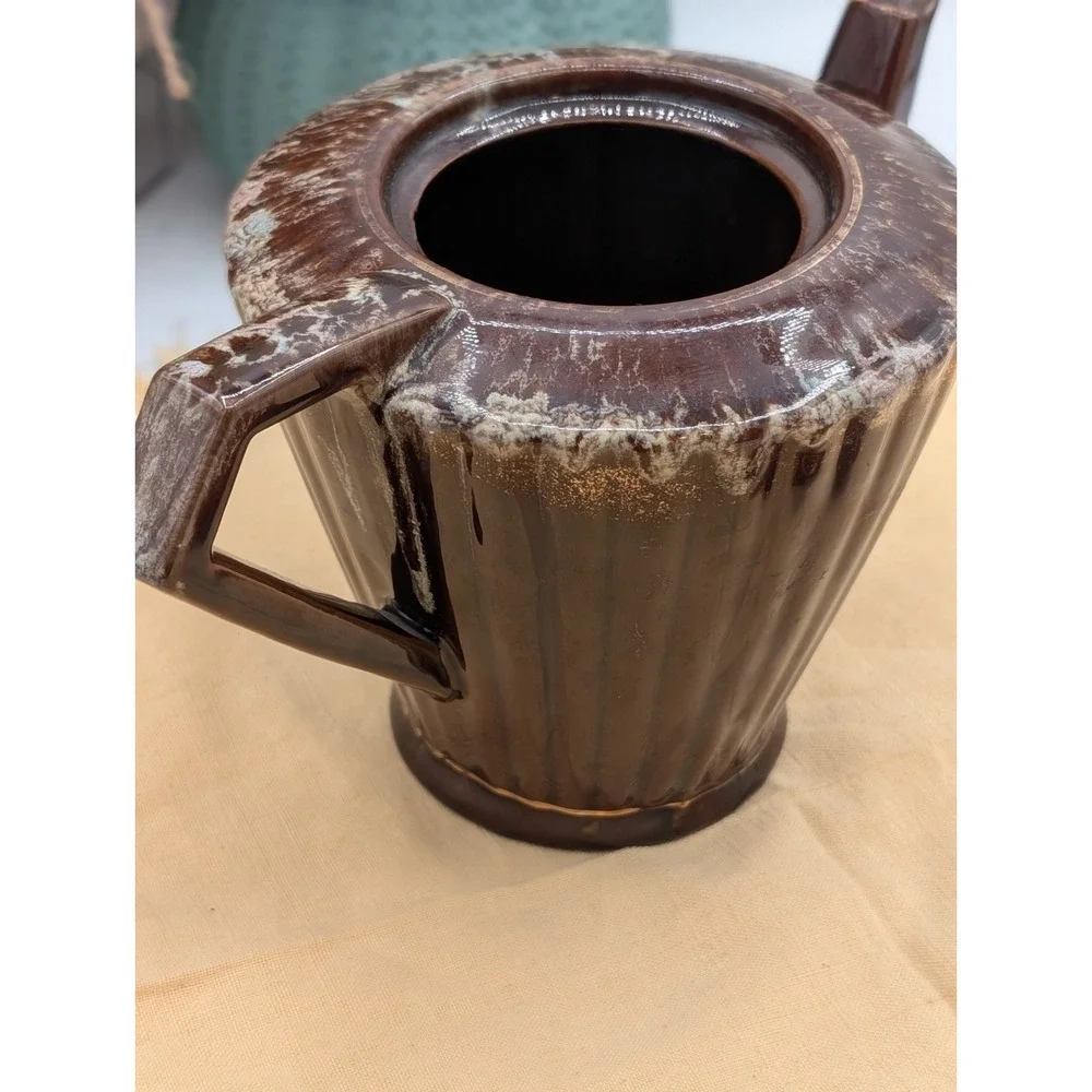 Vintage Mid Century Modern Drip Glaze Teapot Brown Ribbed Ceramic Tea Pot Japan